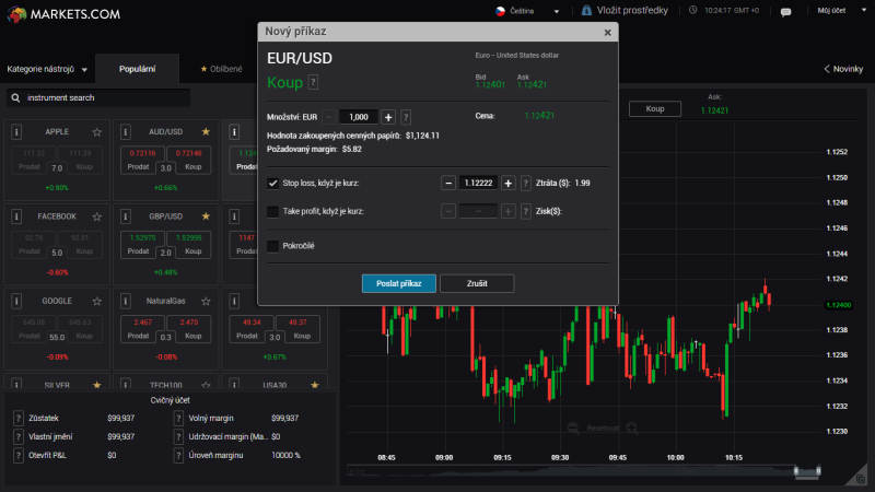 Forex obchodování - příkaz k nákupu EUR/USD (broker Markets)