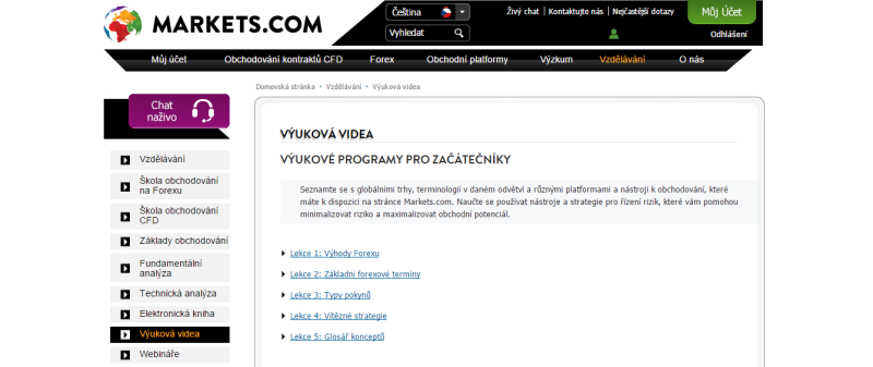 Forex zkušenosti - výukové materiály na webu brokera Markets