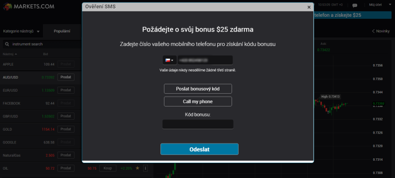 Bonus bez vkladu u Markets - ověření telefonního čísla