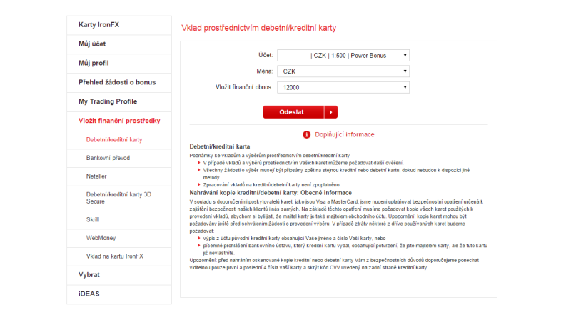 Možnosti vkladu na účet IronFX v administraci obchodníka