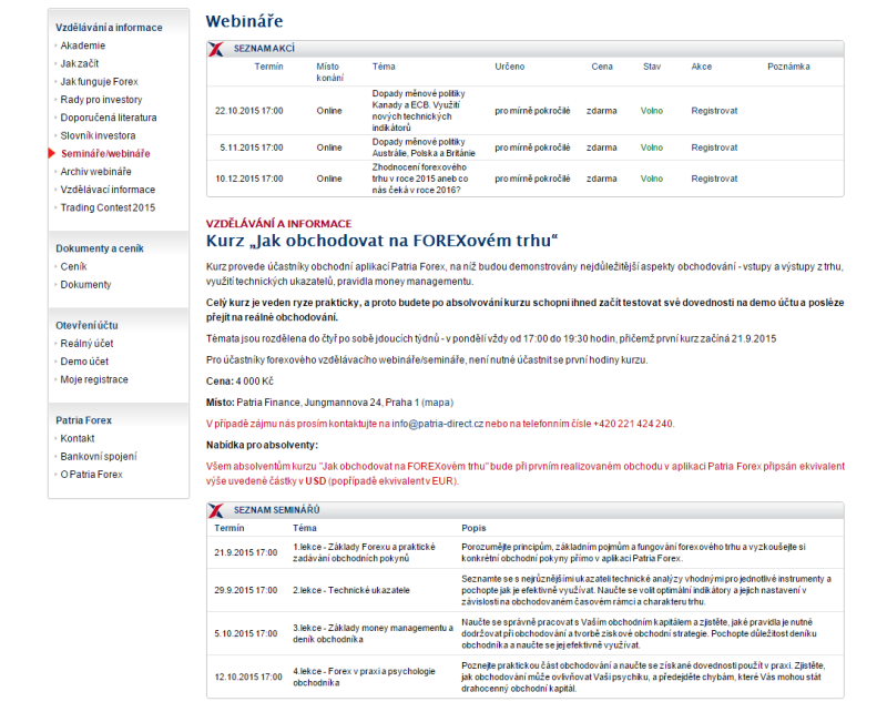 Webináře a školení od Patria Forex