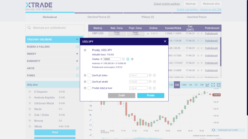 Zadávání příkazu na webové platformě xForex