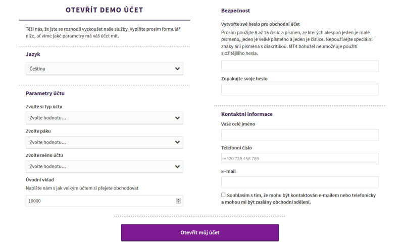 Axiory demo účet - registrační formulář