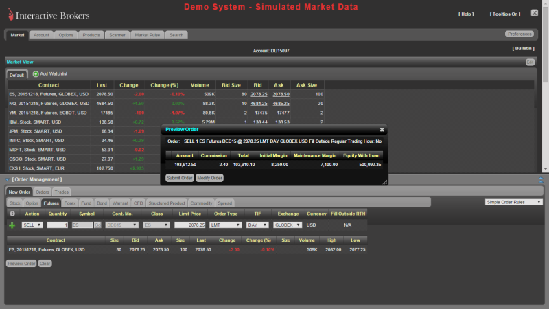 Demo účet u Interactive Brokers - zadání obchodního příkazu