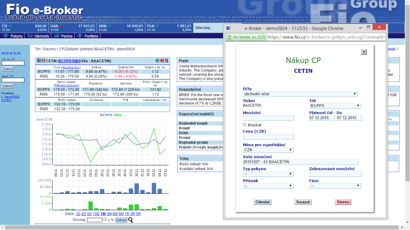 Nákup akcií u FIO (platforma e-broker)