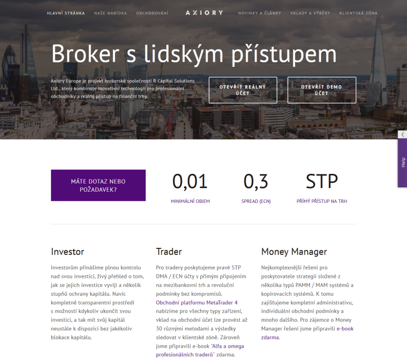 www.Axiory.cz - webová stránka brokera