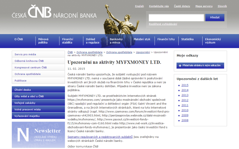Varování ČNB před aktivitami MyFXmoney.com