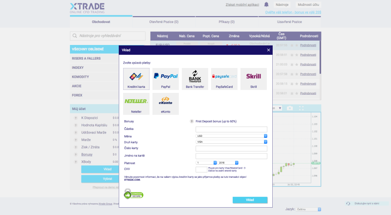 Metody financování obchodního účtu xTRADE